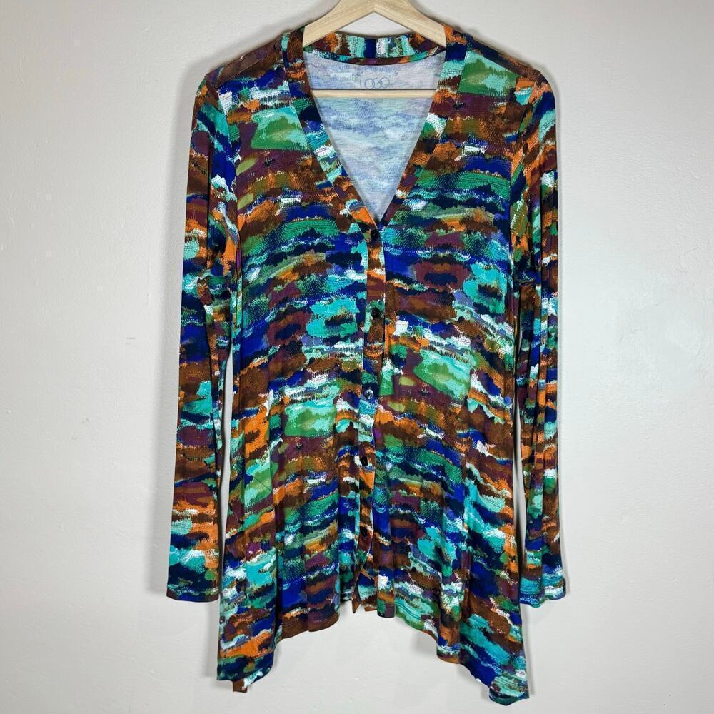 LOGO by Lori Goldstein Womens Cardigan Asymmetric Hem Pockets Abstract Print M
